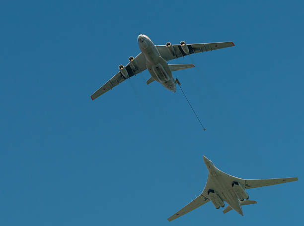 Il-78 simulating refueling Tu-160 at an Air show in Voronezh Voronezh, Russia - September 20, 2014: Il-78 simulating refueling Tu-160 at an Air show on the day of the city tu160 stock pictures, royalty-free photos & images