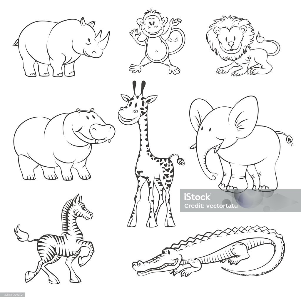 Safari and jungle vector animals Safari and jungle animals in hand drawn style. African animals icons. Vector illustration Drawing - Activity stock vector