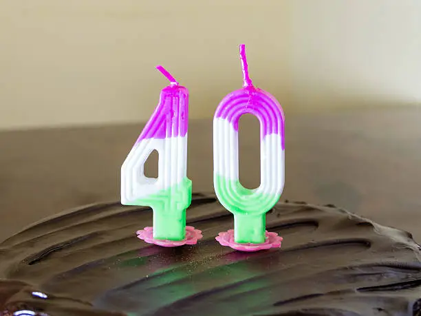 Chocolate birthday cake with burning 40 candle