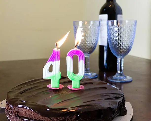 Chocolate birthday cake with burning 40 candle