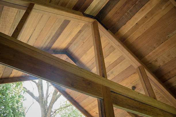 istock Interior view of a wooden roof structure 535511698