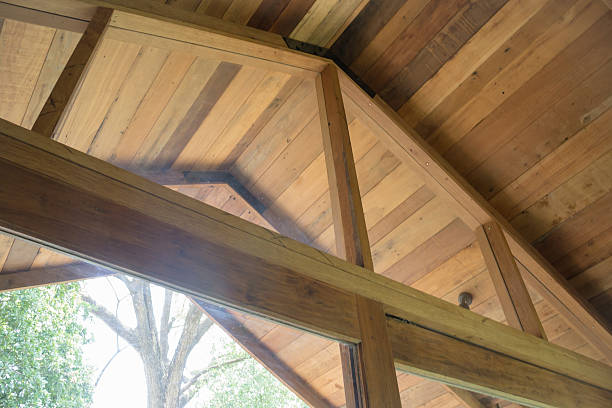 istock Interior view of a wooden roof structure 535511942