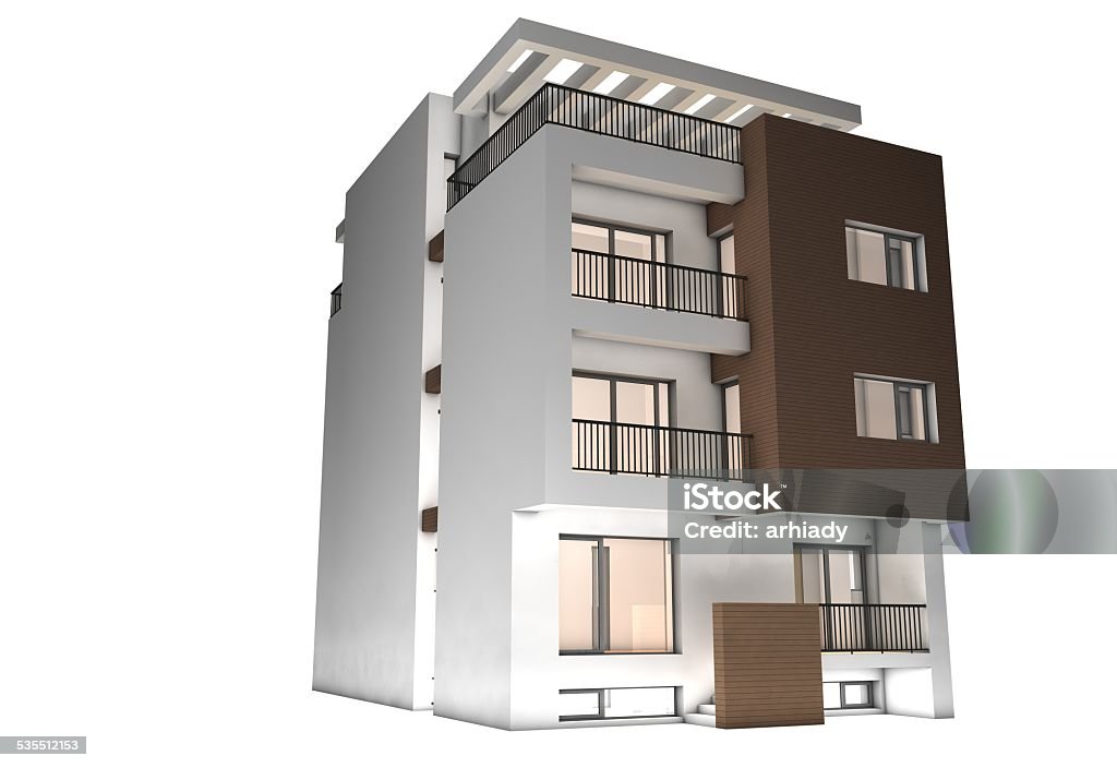 3D House, Architecture project A house concept isolated on a white background. 3D render with lighting and raytraced textures. Modern building with basement, ground and three upper floors. Main color of the building is white and has 2 brown volumes that stand out. The building has clean and simple geometric volumes. Clipping path. House Stock Photo