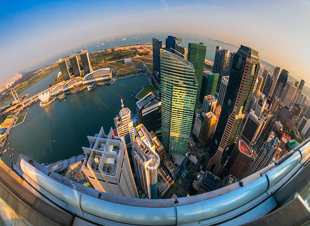 Singapore city skyline at sunset.