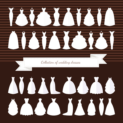 Different styles of wedding dresses made in modern flat vector style. Choose your perfect wedding dress for your body type. Bridal vector.
