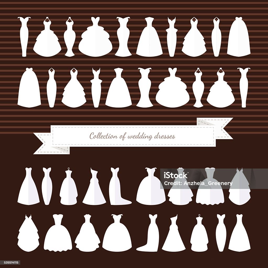 Huge collection of wedding dresses. Wedding Dress. Style - Illustration Different styles of wedding dresses made in modern flat vector style. Choose your perfect wedding dress for your body type. Bridal vector. Wedding Dress stock vector