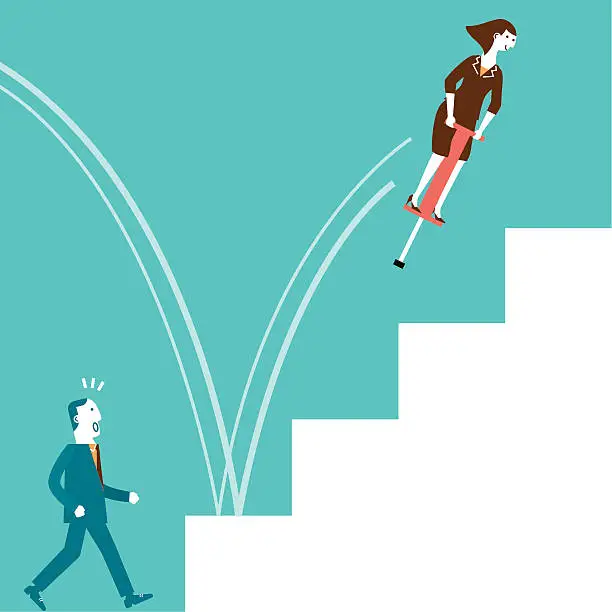 Vector illustration of Pogo Stick Jumping Businesswoman | New Business Concept