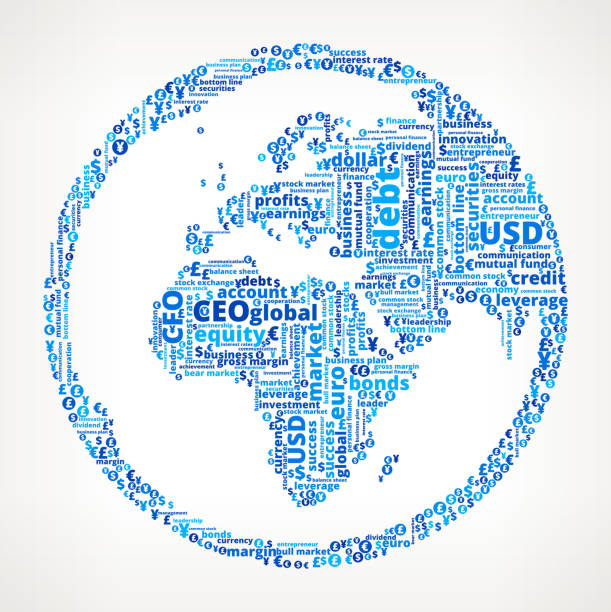 ilustrações de stock, clip art, desenhos animados e ícones de mapa do mundo globo em nuvem de palavras de negócios e finanças - investment finance frequency blue