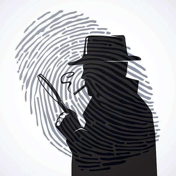 ilustraciones, imágenes clip art, dibujos animados e iconos de stock de inspector con huella dactilar - silhouette security staff spy security
