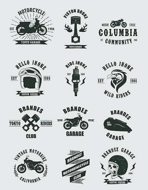 ilustraciones, imágenes clip art, dibujos animados e iconos de stock de tarjetas vintage moto - repair shop illustrations