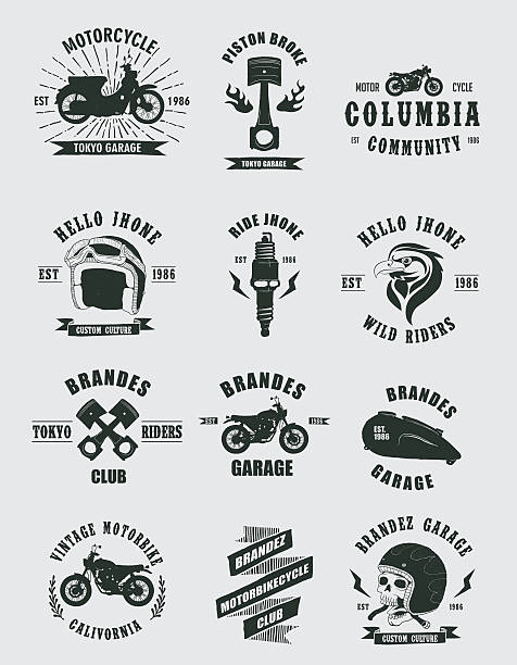 illustrazioni stock, clip art, cartoni animati e icone di tendenza di badge vintage moto - helmet motorcycle motorized sport crash helmet