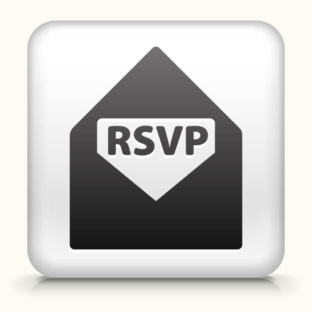 Square Button with RSVP royalty free vector art Royalty free vector art. The black interface icon is on a simple white Background. Button has a bevel effect and a light shadow. 100% royalty free vector file and can be easily modified, icon download comes with vector art and jpg file. White Square Button with RSVP interface icon rsvp stock illustrations