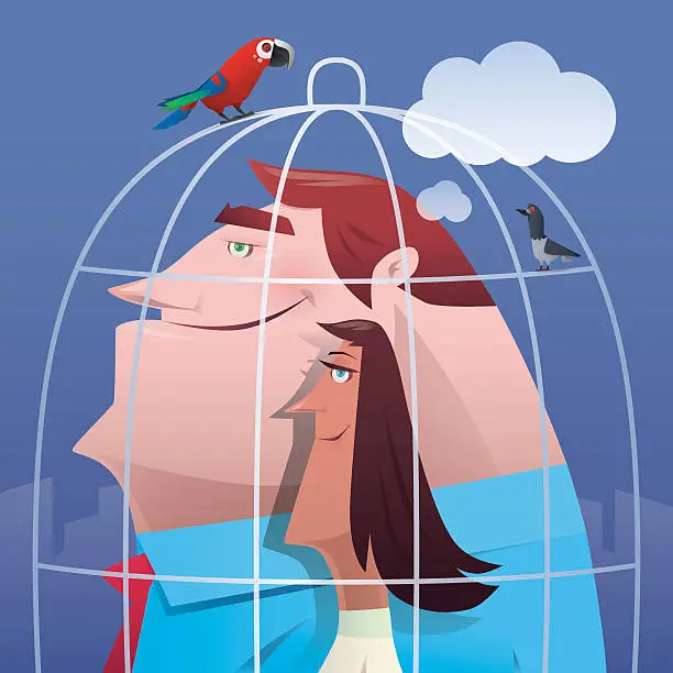 Vector illustration of caged couple thinking