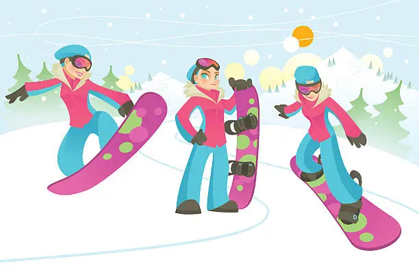 Vector illustration of Three snowboarders