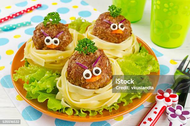 Funny Spaghetti With Meatballs For Kids Stock Photo - Download Image Now - Child, Meatball, Spaghetti