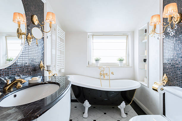 istock Interior of black and white bathroom 535517283
