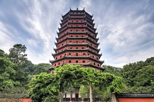 Hangzhou, China - August 14, 2011: View of the Liuhe Pagoda at the foot of Yuelun Hill. It is also known as the Six Harmonies Pagoda and was built in 1165 during the Southern Song Dynasty.