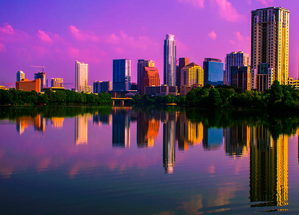 istock Perfect mirror reflection Austin Texas Sunrise cityscape skyline 535518161