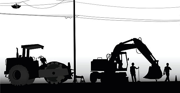 PavingJob A road crew works on paving a new road. factory worker silhouette stock illustrations