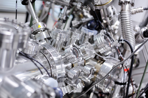 View of part of an ultra-high vacuum chamber of a high performance X-ray photoelectron spectrometer for photoelectron spectroscopy (XPS) and parallel imaging (imaging XPS).