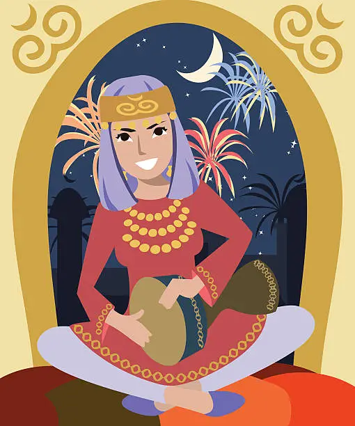 Vector illustration of girl playing darbuka at ramadan