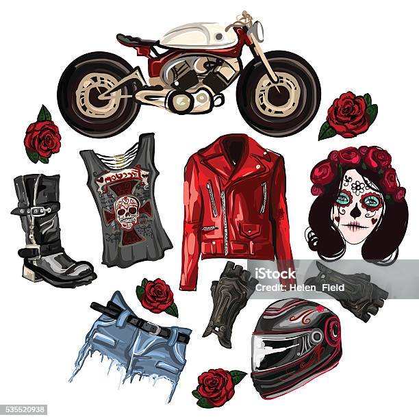Motorcycle Fashion Biker Digital Watercolor Pictures Stock Illustration - Download Image Now