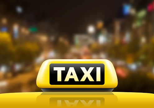 Taxi car on the street at night. Luminious taxi sign on bokeh background. Taxi sign on the roof of car. Vector illustration.