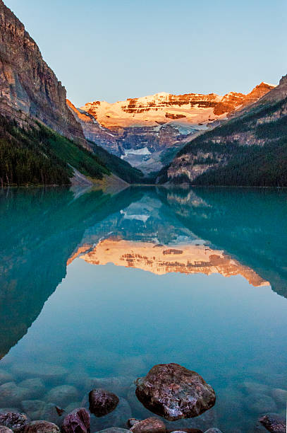 lago louise all'alba parco nazionale di banff, ad alberta, in canada - lake louise national park landscape forest foto e immagini stock