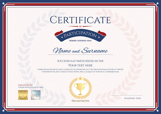 Certificate of participation template in sport theme Certificate of participation template in sport theme with gold trophy seal on award wreath background success borders stock illustrations