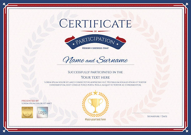 Certificate of participation template in sport theme Certificate of participation template in sport theme with gold trophy seal on award wreath background print finishing stock illustrations