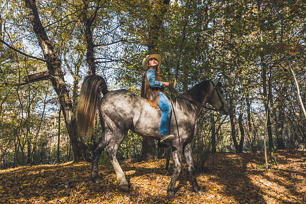 istock Pretty girl riding her grey horse 535524044