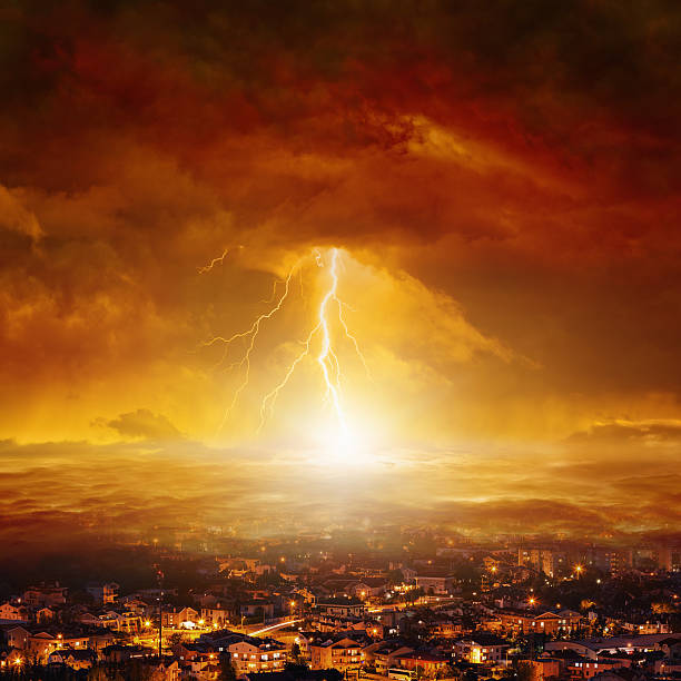 Judgment day, end of world Apocalyptic background - judgment day, end of world, huge powerful lightning hits city from red glowing skies apocalypse stock pictures, royalty-free photos & images
