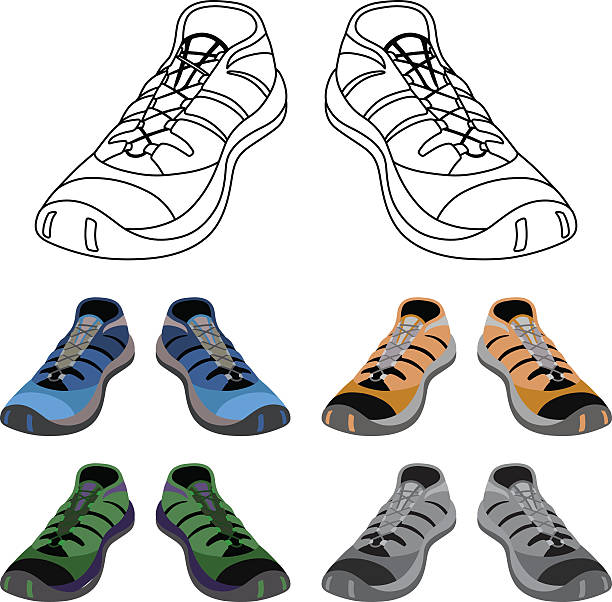 Black outlined & colored sneakers shoes set Black outlined & colored sneakers shoes set front view, vector illustration isolated on white background womens blue suede shoes stock illustrations