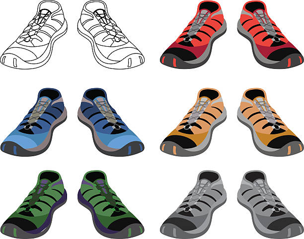 Black outlined & colored sneakers shoes set Black outlined & colored sneakers shoes set front view, vector illustration isolated on white background womens blue suede shoes stock illustrations