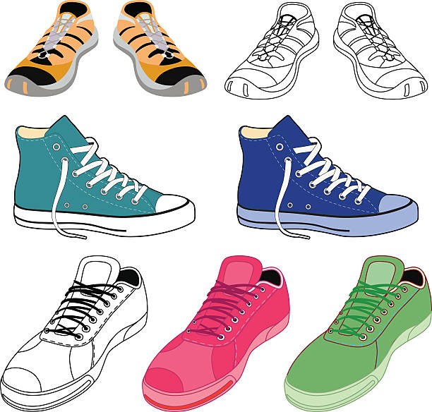 Black outlined & colored sneakers shoes set Black outlined & colored sneakers shoes set front view, vector illustration isolated on white background womens blue suede shoes stock illustrations