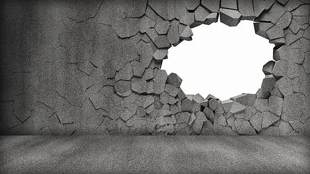 Photo of Broken Concrete Wall isolated on black background