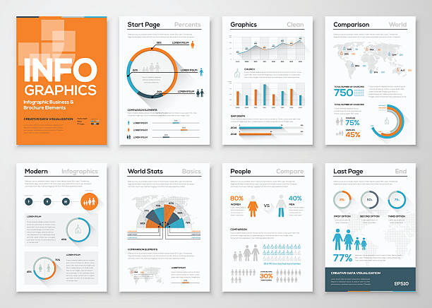 große reihe von infografiken im moderne flache business-stil - orange farbe grafiken stock-grafiken, -clipart, -cartoons und -symbole