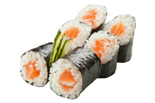 istock Japanese sushi rolls on white background 535537769