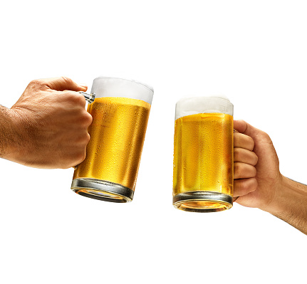 men hand holding cold beer for cheers