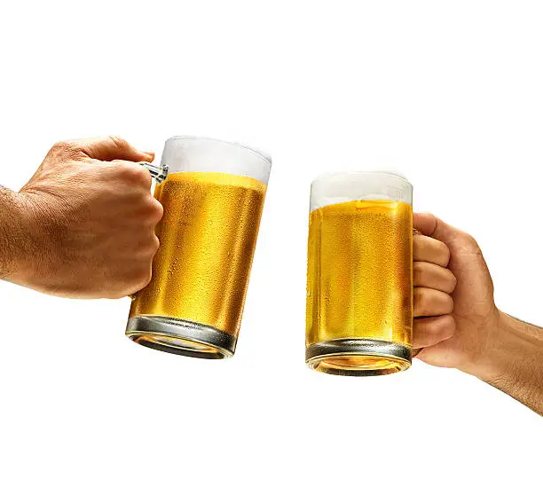 men hand holding cold beer for cheers