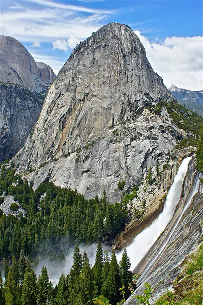 Liberty Cap and Nevada Falls with Half-Dome in the background.