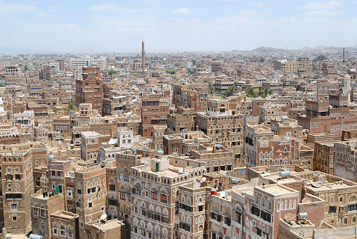 Sanaa, Yemen - September 09, 2006: Aerial view of the Sanaa city on September 09, 2006 in Sanaa, Yemen. The old city of Sanaa is declared a UNESCO World heritage site.