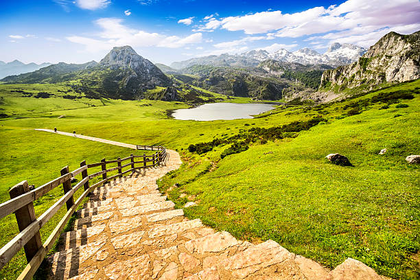 lago ercina, lagos de covadonga, asturias, espanha. - mountain range footpath rock europe - fotografias e filmes do acervo
