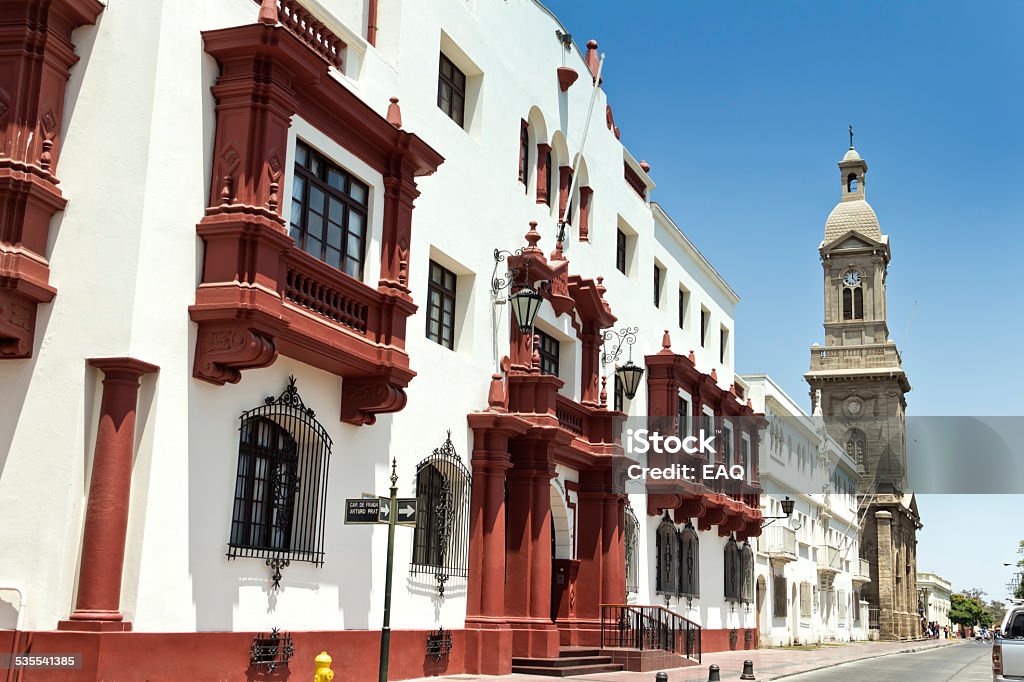 Courthouse, La Serena, Chile Building of Courthouse, (Tribunales de Justicia), of La Serena city, as a background, the Cathedral of San Bartolome. La Serena, Coquimbo, Chile. La Serena Stock Photo