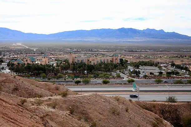 Overview of Mesquite Nevada.  Play golf,gamble and retire.   Up and coming small town America. Highway I-15 seen below.