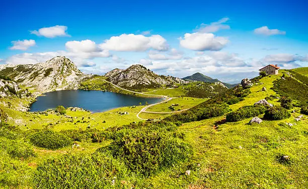 Lake Enol and mountain retreat, the famous lakes of Covadonga, Asturias , Spain 