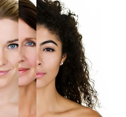 Woman of various ages and skin types. Woman to the left is young with blond hair, the center woman is in her 50s with brown hair and the woman to the right is mixed race with curly hair.