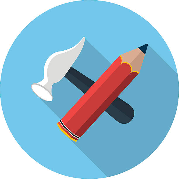 illustrazioni stock, clip art, cartoni animati e icone di tendenza di penna vettoriale e martello a granchio - carpenters pencil