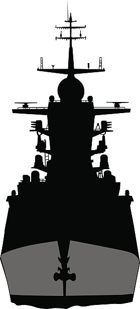 Silhouette of a large warship on a white background