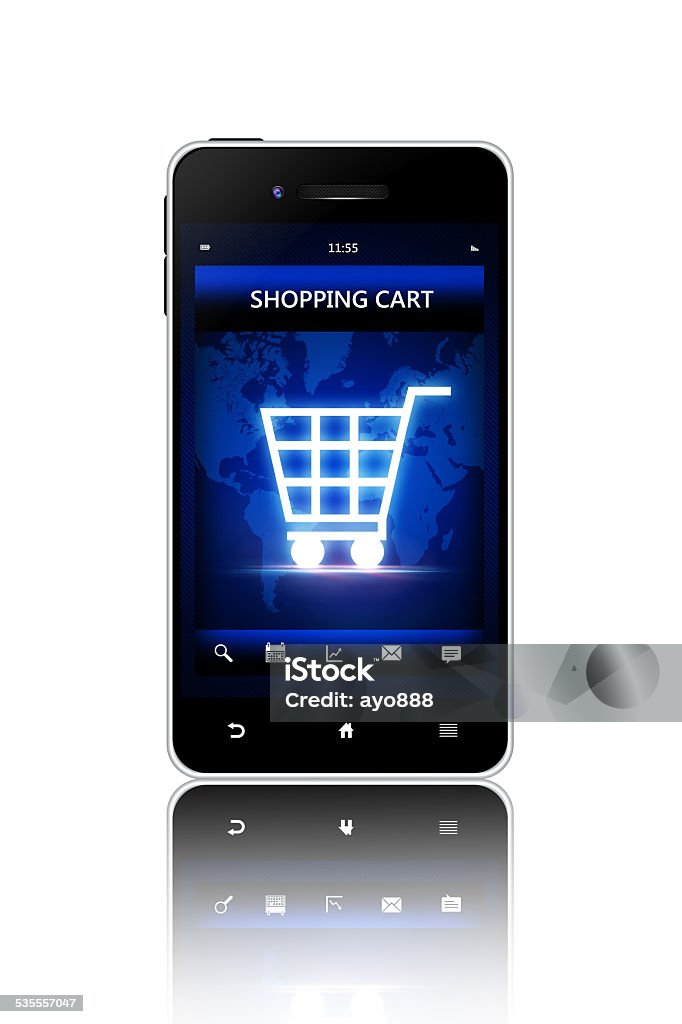 mobile phone with shopping cart screen over white background mobile phone with shopping cart screen isolated over white background. all elements are designed and generated by author 2015 Stock Photo